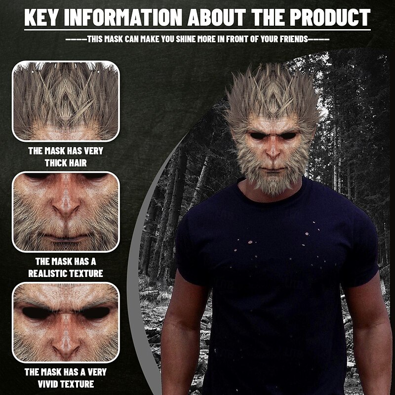 Monkey King Halloween Mask Halloween Props Black Myth: Wukong Funny Scary Costume Adults' Men's Halloween Carnival Easy Halloween Costumes Dress Up3