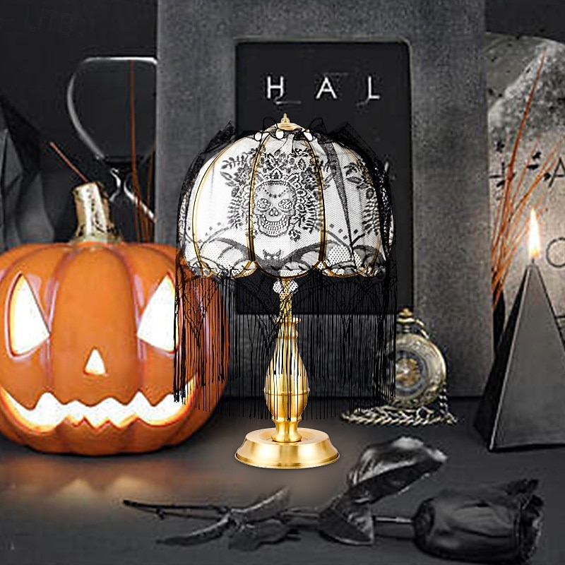 Halloween Window Decoration, Halloween Lace Skull Lampshade Hanging Decoration - Spooky Black Gothic Fringe Light Cover, Perfect For Halloween Parties & Haunted Houses2
