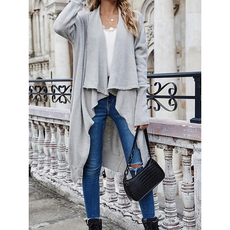 Women's Sweater Jacket Stylish Solid Color Open Front Pocket Batwing Sleeve Long Sleeve Long Tops Knit Work Black Wine Fall Winter