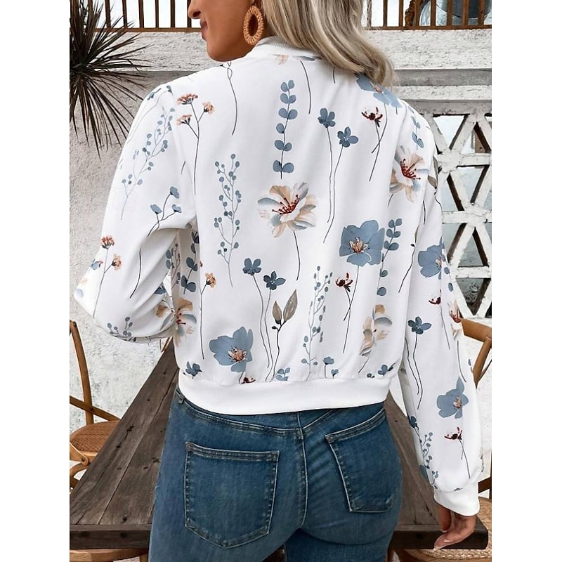 Women's Jacket Party Zipper Floral Windproof Fashion Regular Fit Outerwear Long Sleeve Fall White S2