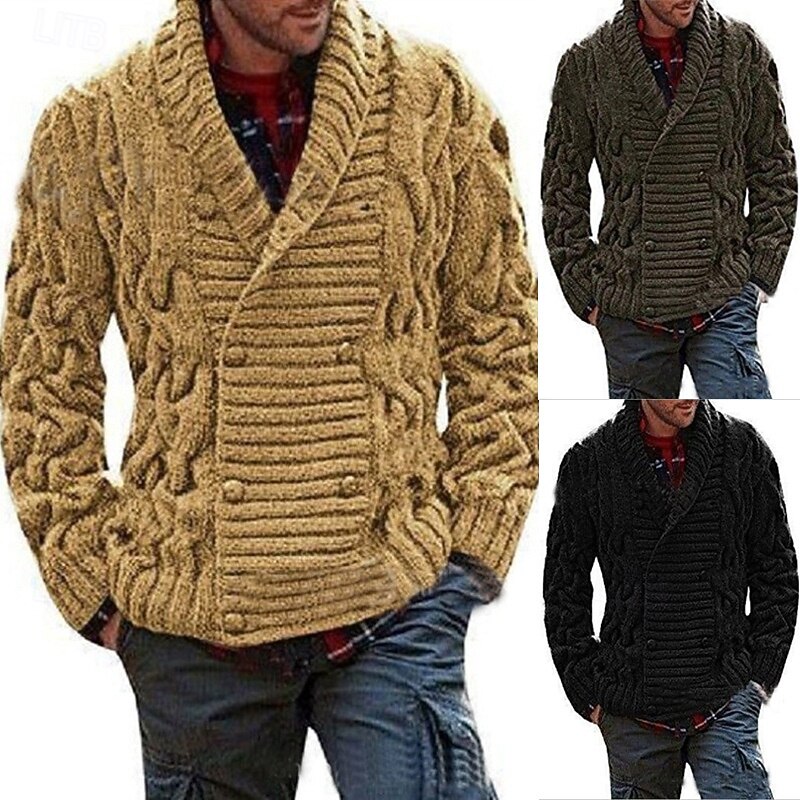 Men's Cropped  Sweater Cardigan Sweater Ribbed Knit Regular Button Up Pocket Color Block V Neck Vintage Classic Daily Wear Date Clothing Apparel Fall & Winter Army Green Black S M L