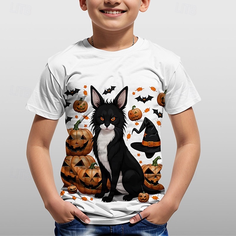 Halloween Boys 3D Graphic Cat Pumpkin Tee Short Sleeve Summer Spring Fashion Basic Polyester Kids 4-12 Years Crew Neck Outdoor Casual Daily Regular Fit