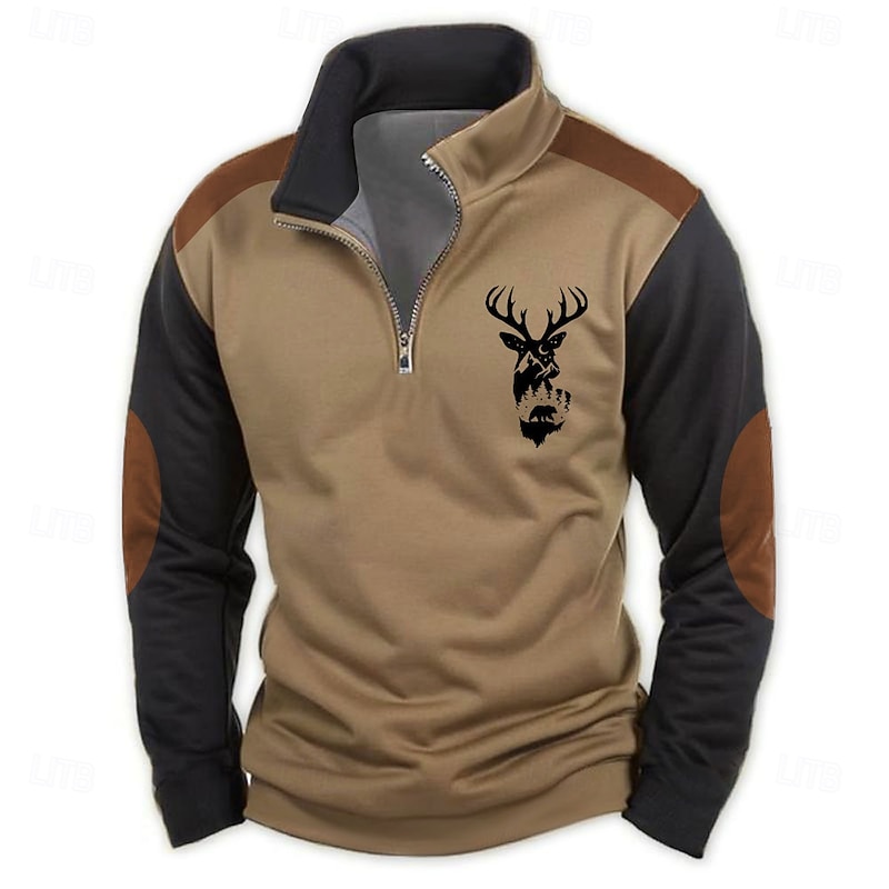 Men's Hunting Deer Sweatshirts Quarter Zip Sweatshirt Long Sleeve Sweatshirt Half Zip Vintage Retro Western Cowboy 3D Printing Hunting Half Zip Winter Spring &  Fall