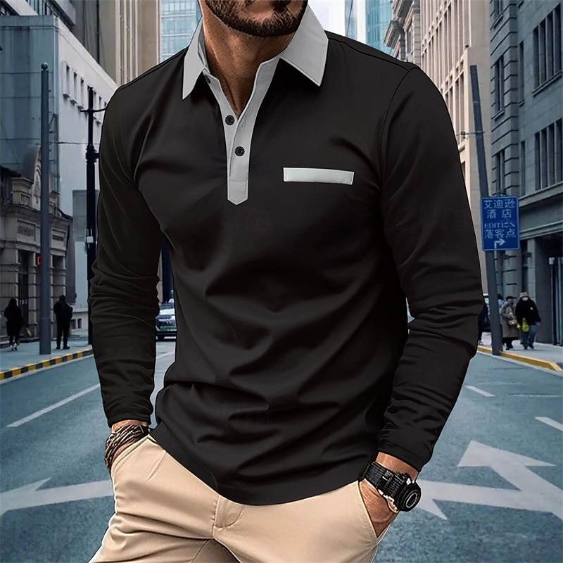 Men's Golf Shirt Golf Polos Shirts Work Casual Lapel Long Sleeve Basic Modern Solid Color Buttons Pocket Spring &  Fall Regular Fit Light Pink Black White Pink Navy Blue Khaki Golf Shirt3