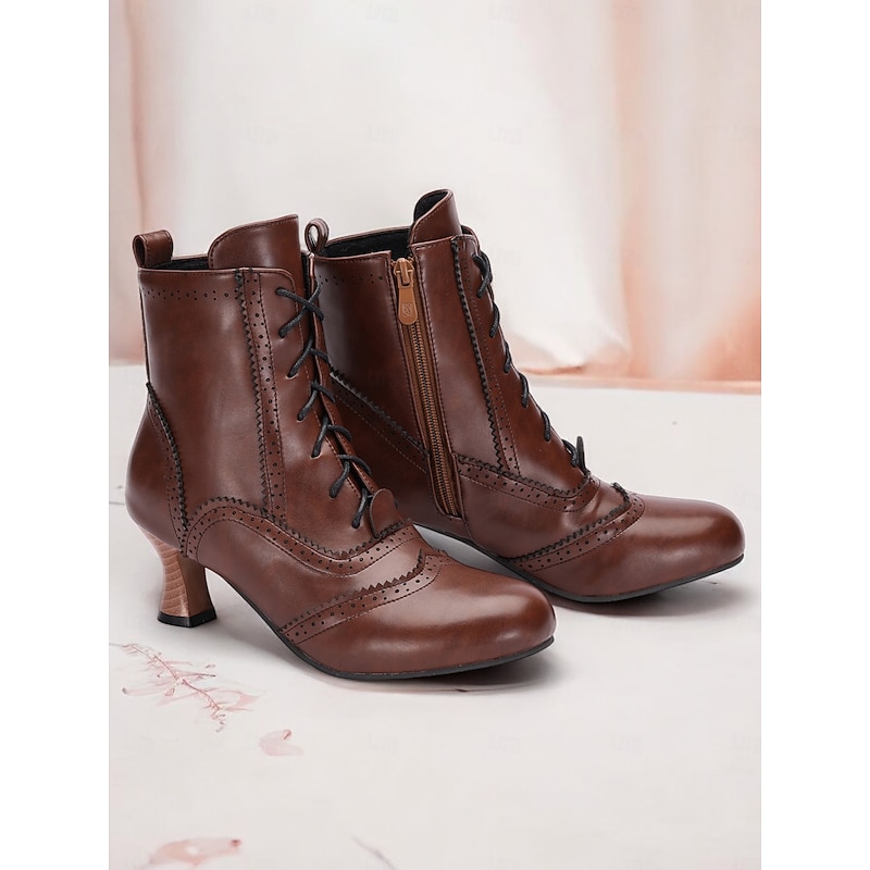 Women's Victorian-Style Lace-Up Faux Leather Ankle Boots - Elegant Footwear for Vintage-Themed Events and Daily Wear