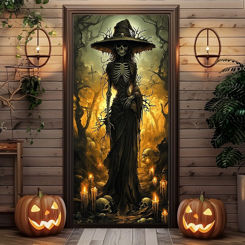 Halloween Door Decorations Halloween Door Covers Skeleton Witch Door Tapestry Door Curtain Decoration Backdrop Door Banner for Front Door Farmhouse Holiday Party Indoor Outdoor Decor Supplies