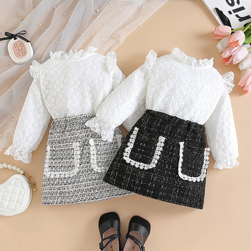 Girls' 3D Solid Color Shirt & Skirt Long Sleeve Fall Winter Fashion Basic Toddler 2-8 Years Party Birthday Loose Fit