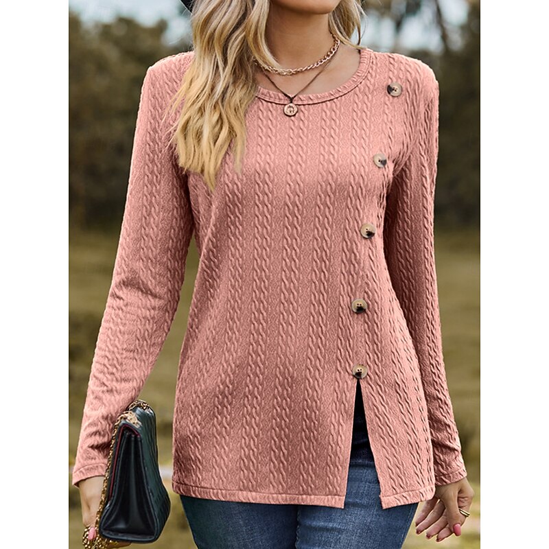Women's Going Out Tops Stylish Basic Solid Color Buttons Asymmetrical Long Sleeve Regular Tops Crew Neck Daily Dusty Rose Spring Fall Winter