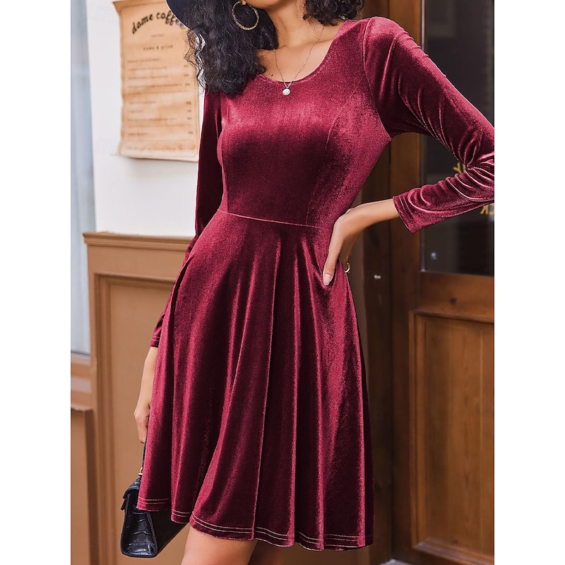 Women's Black Dress Velvet A Line Dress Fashion Long Dress Crew Neck Long Sleeve Plain Regular Fit Black Red Green Spring Fall S M L XL 2XL4
