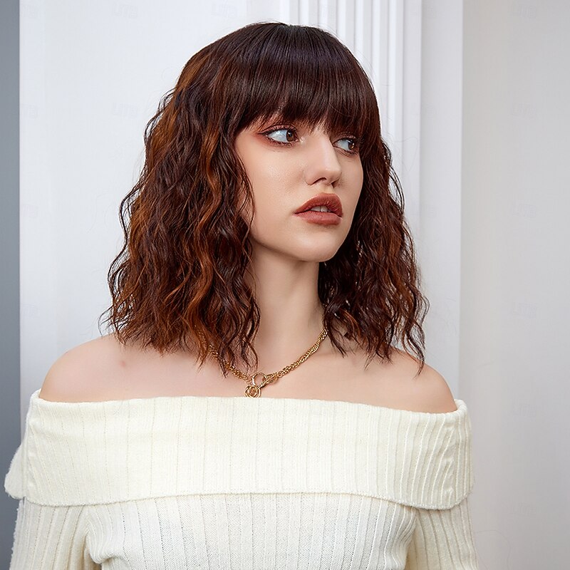 Cosplay Costume Wig Curly Bouncy Curl Bob Neat Bang With Bangs Wig 14 inch Brown / Burgundy Synthetic Hair Women's Elastic Adorable Comfortable Brown4