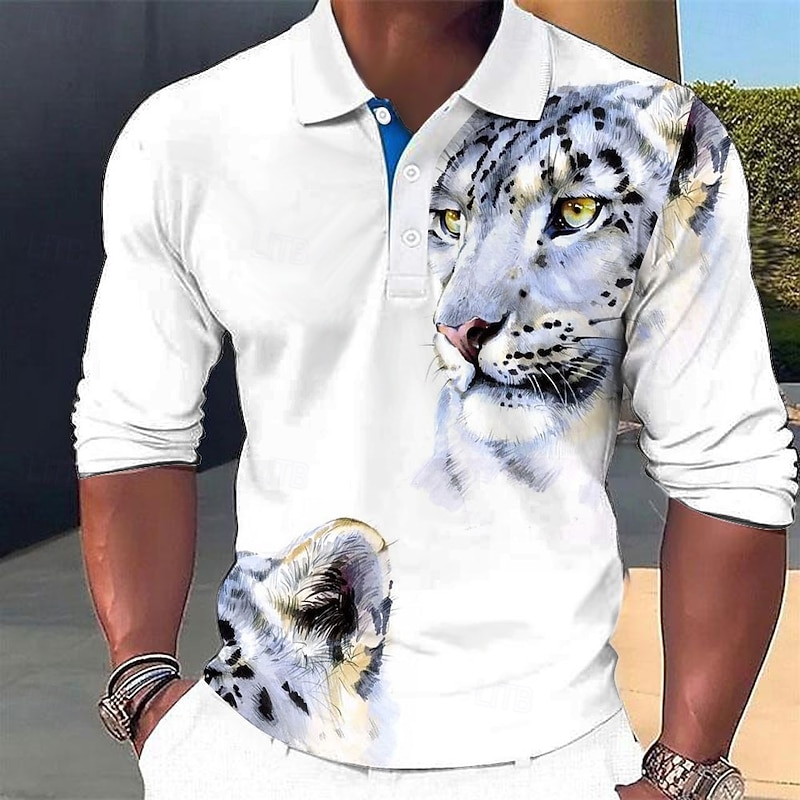 Men's Leopard Polo Shirts Golf Polos Shirts Long Sleeve Polo Shirts Collar Casual Vacation Party Evening Wear Dailywear Buttons 3D Print Spring Fall Winter White