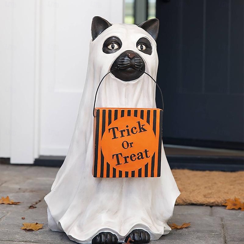 Cat Ghost Candy Jar Halloween Figurine Halloween Decoration Home kitten Pumpkin Ornaments for Home Decor Yard Indoor Patio