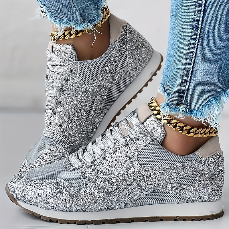 Women's Silver Glitter Sneakers Mesh Lace-Up with Comfortable Sole3