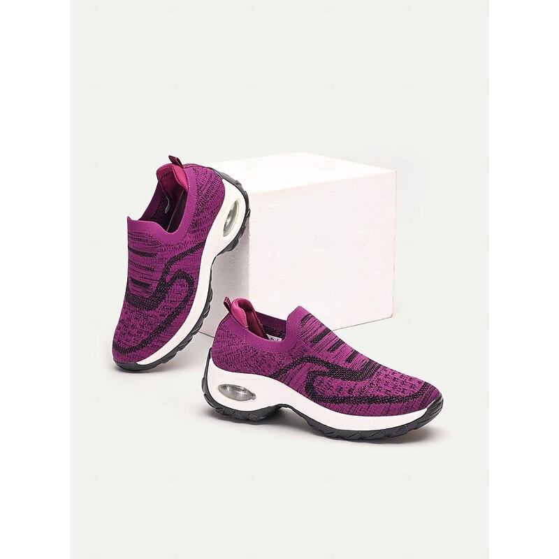 Women's Purple Knit Slip-On Sneakers with Air Cushion Sole for Walking and Casual Wear4