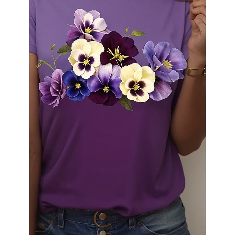 Women's T Shirt Casual Print Short Sleeve Regular Tops Daily Purple Summer2