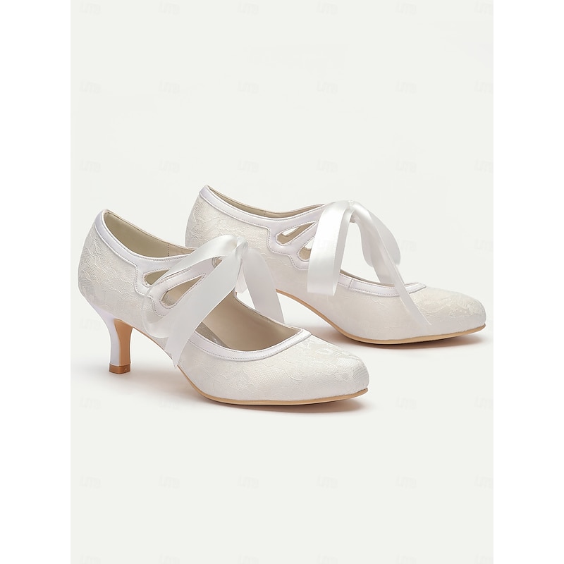 Vintage White Lace Bridal Pumps with Satin Ribbon Ties - Elegant Women's Wedding Shoes4