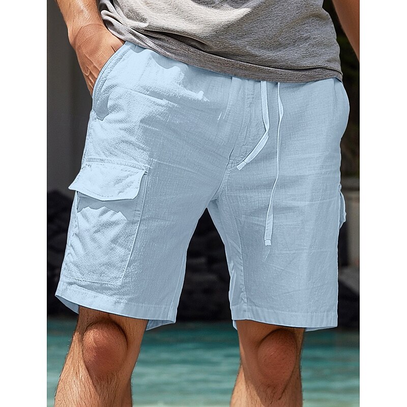 Men's Shorts Linen Shorts Summer Shorts Front Pocket Straight Leg Cargo Pocket Plain Comfort Breathable Knee Length Outdoor Vacation Party Fashion Basic White Navy Blue2