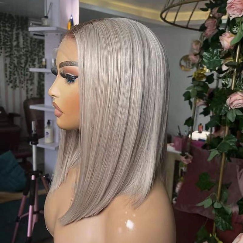 Remy Human Hair 13x6 Lace Front 13x4 Lace Front 4x4 Lace Front Wig Bob Short Bob Side Part Brazilian Hair Straight Dark Gray Blonde Wig 130% 150% 180% Density with Baby Hair Natural Hairline Glueless4