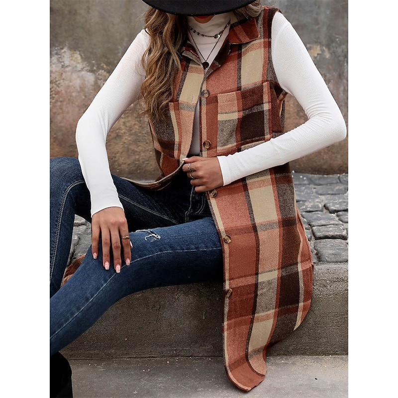 Women's Vest Outdoor Street Daily Wear Fall Winter Long Coat Regular Fit Thermal Warm Breathable Stylish Casual Jacket Sleeveless Stripes and Plaid with Pockets Coffee3