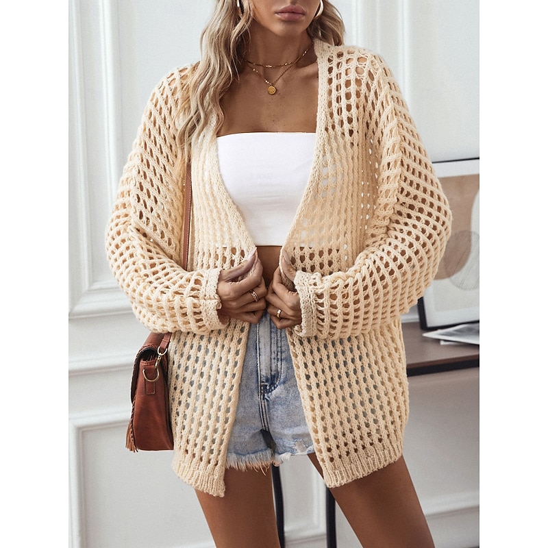 Women's Cardigan Daily Geometric Crochet Open Front Knitted Long Sleeve Long Tops Knit Outdoor Daily Going out White Beige Summer Fall - Main Image