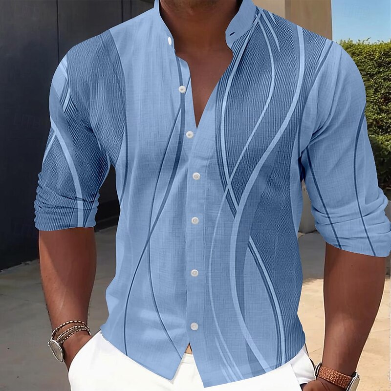 Men's Striped Geometric Pattern Dress Shirt Button Up Shirt Long Sleeve Business Casual Vacation Daily Summer Spring &  Fall Grandad Collar Band Collar 3D Print Blue Gray