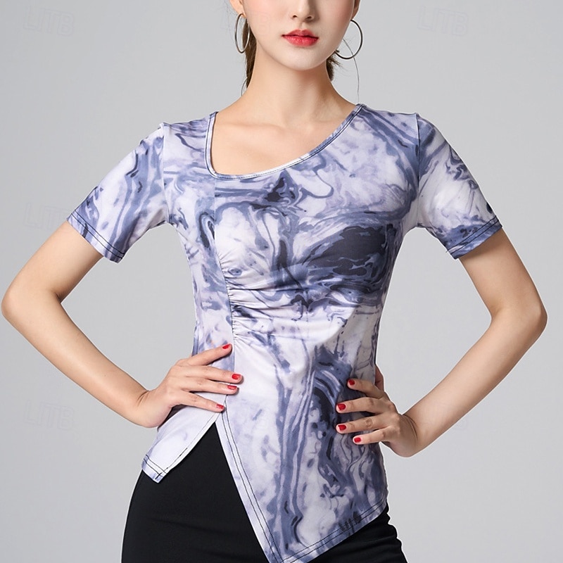 Latin Dance Top Printing Splicing Women's Performance Training Short Sleeve High Polyester