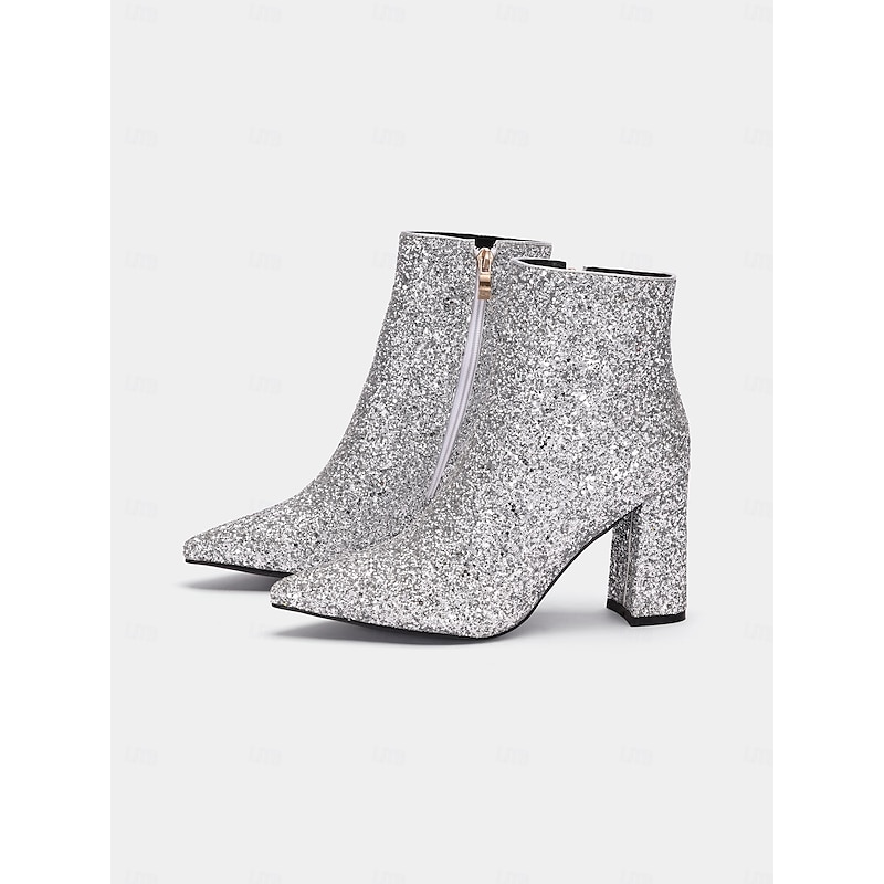Women's Silver Glitter Ankle Boots with Block Heels, Sparkling and Chic for Parties and Special Occasions