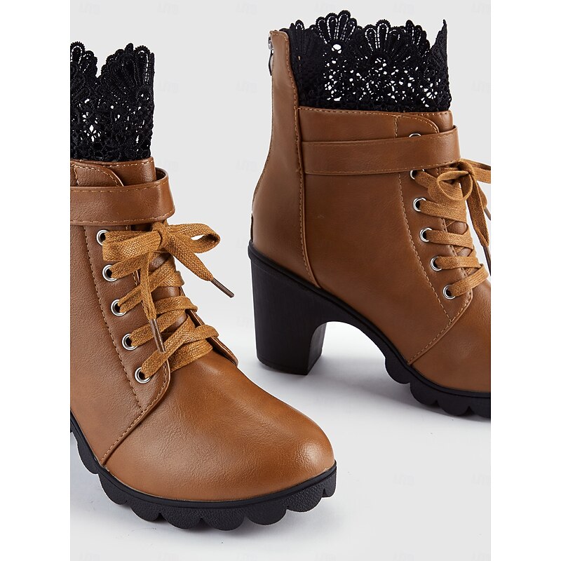 Stylish Women's Lace-Trimmed Ankle Boots with Gold Buckle and Chunky Heel - Perfect for Casual and Dressy Occasions4