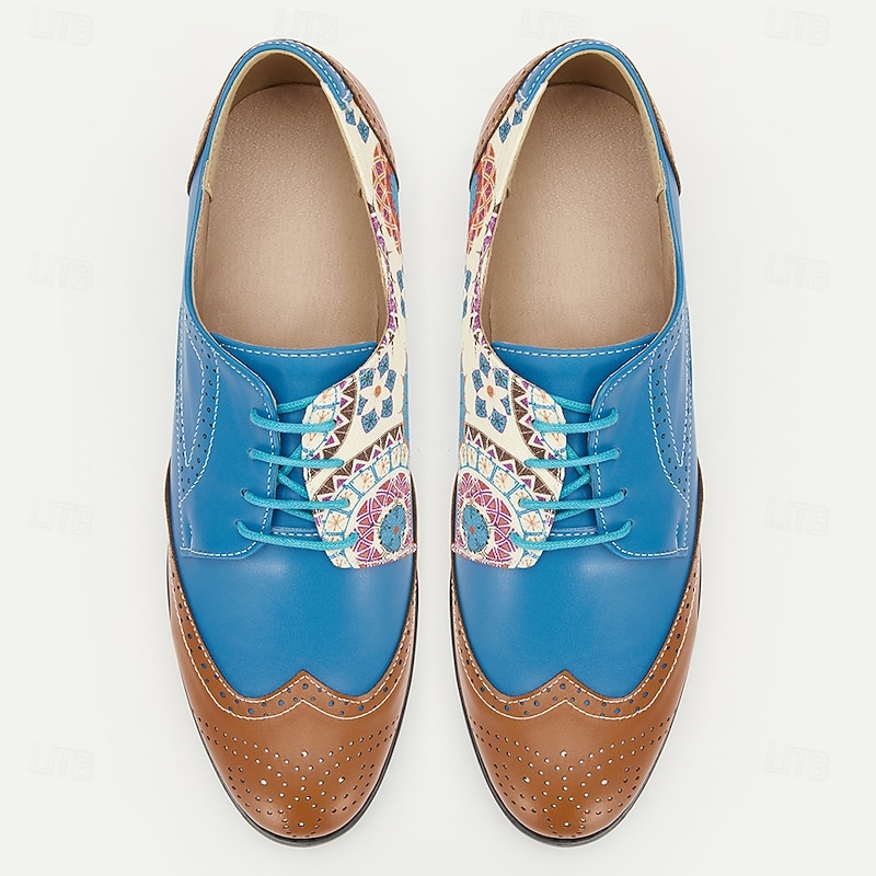 Men's Colorful Oxford Brogues with Blue and Brown Leather, Intricate Pattern Design - Stylish and Unique Shoes for Formal and Semi-Formal Occasions