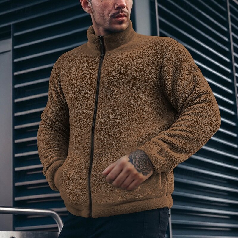 Men's Fleece Jacket Windbreaker Teddy Coat Formal Home Warm Pocket Full Zip Winter Spring &  Fall Solid Color Vintage Fashion Stand Collar Regular Black Brown Khaki Dark Blue Peacock Blue Jacket
