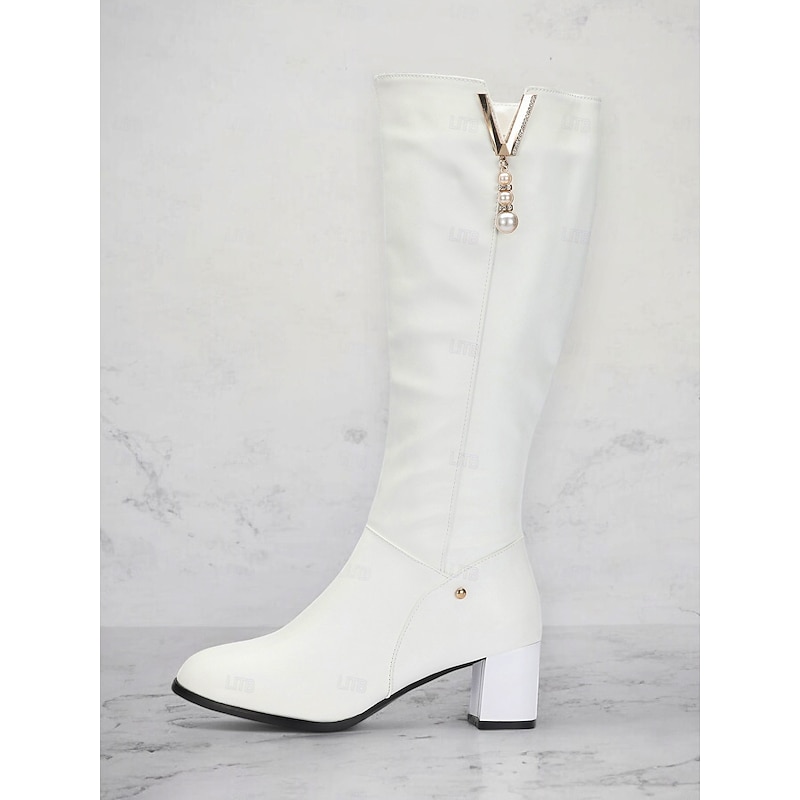 Women's White Knee-High Boots with Pearl Detailing - Elegant Footwear for Winter, Office, and Special Occasions2