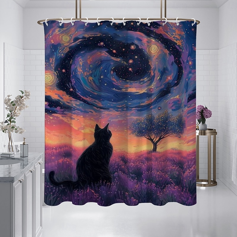 Shower Curtain with Hooks 180cm*180cm(70"*70") Polyester Washable Waterproof Pattern Bathroom Bathtub Decor Van Gogh Oil painting Tree of Life3