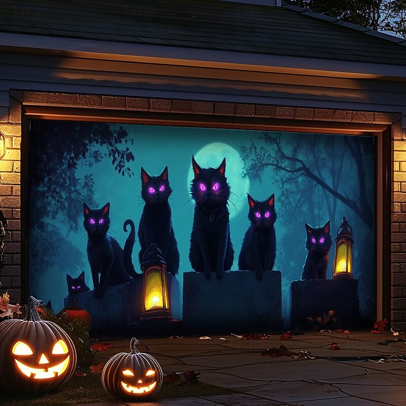 Halloween Door Decorations Outdoor Halloween Garage Door Cover Jack O Lantern Banner Pumpkin Skeleton Cat Large Backdrop Decoration for Holiday Outdoor Garage Door Home Wall Decorations 13