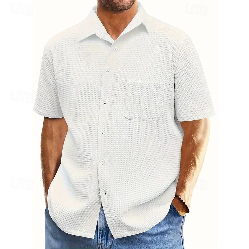 Men's Waffle Shirt Summer Shirt Casual Shirt Waffle Knit Shirt Black White khaki Beige Light Blue Short Sleeve Textured Fashion Solid / Plain Color Turndown Vacation Holiday Pocket Clothing Apparel3