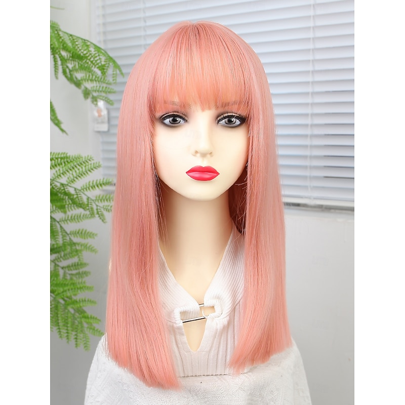 Synthetic Wig Straight Neat Bang Wig 16 inch Pink+Red Synthetic Hair Women's Pink2