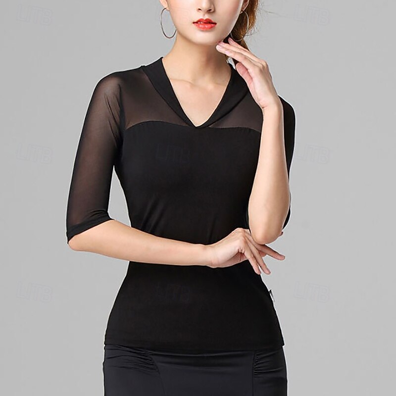 Latin Dance Top Pure Color Splicing Tulle Women's Performance Training Half Sleeve High Polyester
