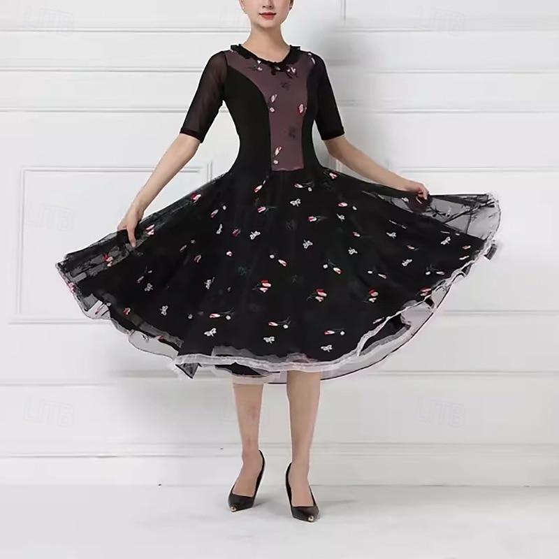 Ballroom Dance Dress Embroidery Splicing Women's Performance Party Short Sleeve Crystal Cotton Mesh - Main Image