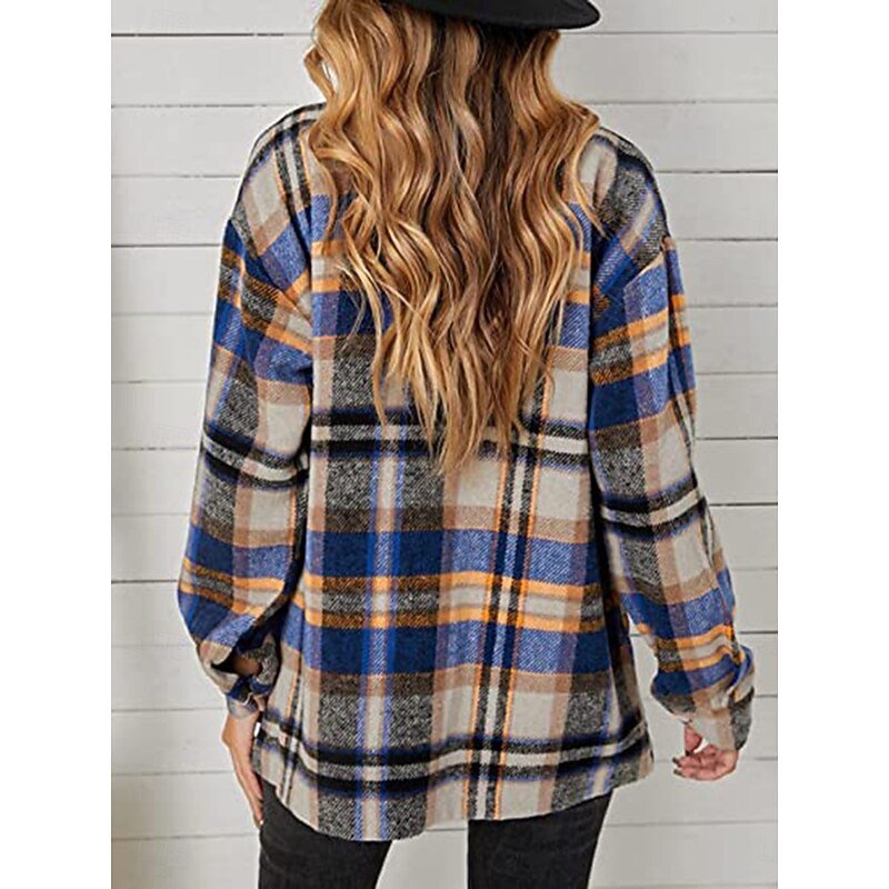 Women's Blouse Plaid Casual Long Sleeve V Neck Daily Pink Blue Gray Spring Fall