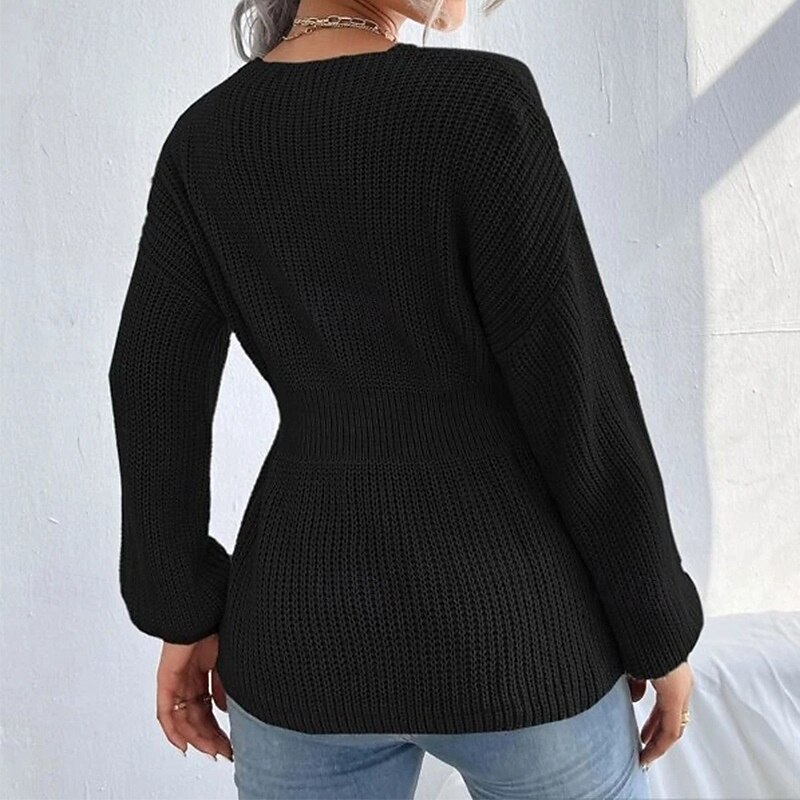 Women's Sweater Casual Solid Color V Neck V Neck Long Sleeve Regular Tops Knit Outdoor Daily Weekend Black Red Fall Winter2