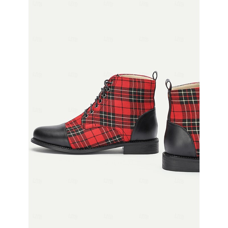 Women's Tartan Plaid Combat Boots with Black Leather Toe Cap - Stylish Lace-Up Ankle Boots for Casual Wear and Festive Occasions