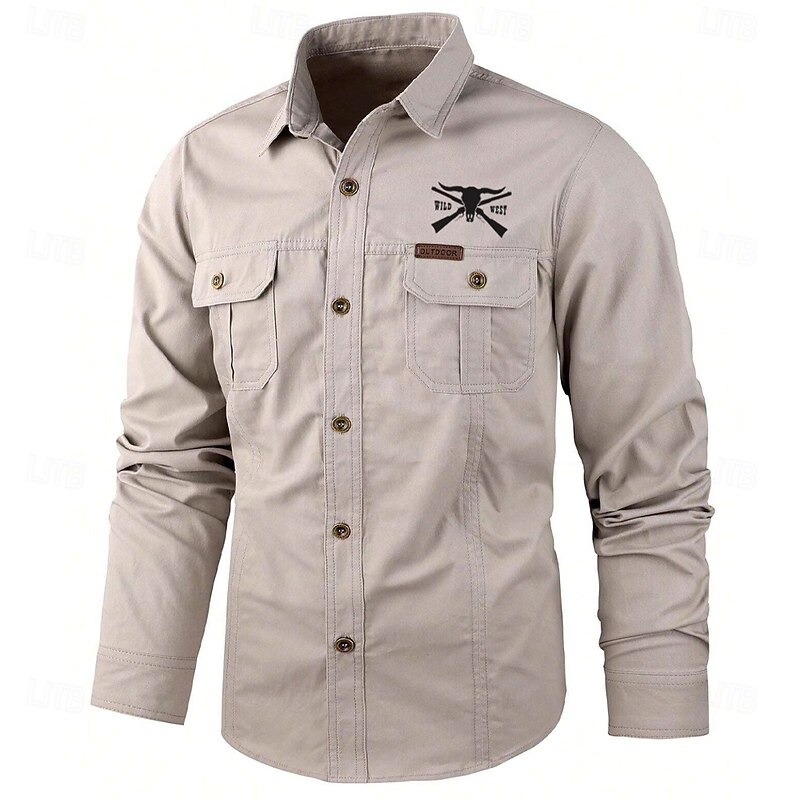 Men's Cow Print Work Shirt Western Shirt Cargo Shirt Long Sleeve Casual Tactical Sports & Outdoor Going out Winter Spring &  Fall Turndown Print Black Army Green Khaki Beige4