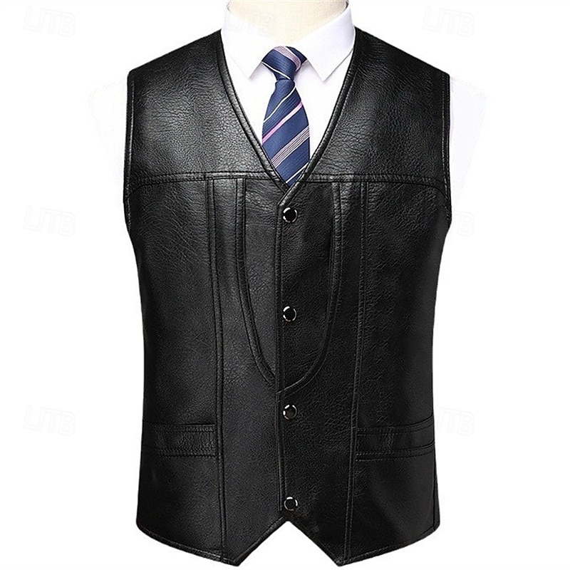 Men's Faux Leather Jacket Vest Gilet Wedding Event / Party Daily Fashion Business Spring & Summer Button Pocket Polyester Comfortable Plaid Single Breasted One-button V Neck Regular Fit Black Vest
