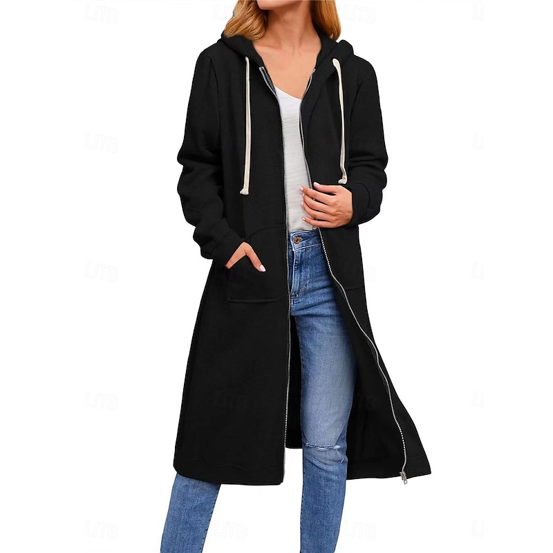 Women's Hoodie Jacket Outdoor Street Daily Wear Fall Winter Long Coat Regular Fit Thermal Warm Breathable Casual Jacket Long Sleeve Solid Color with Pockets Full Zip Black Navy Blue Coffee4
