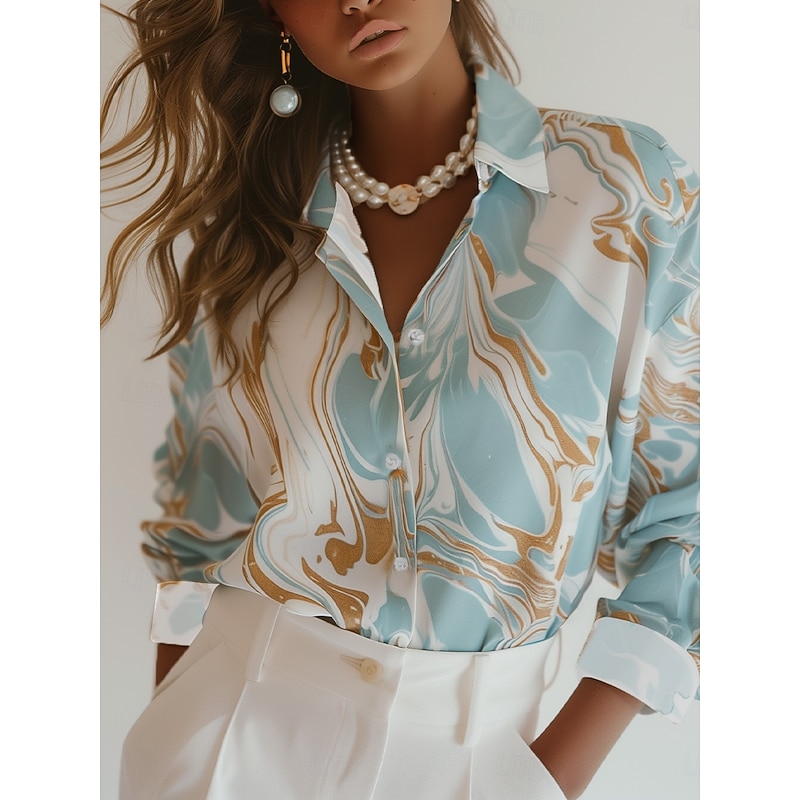 Women's Shirt Long Sleeve Button Down Blouse Marble Print Work Elegant Stylish Business Blue Summer Fall