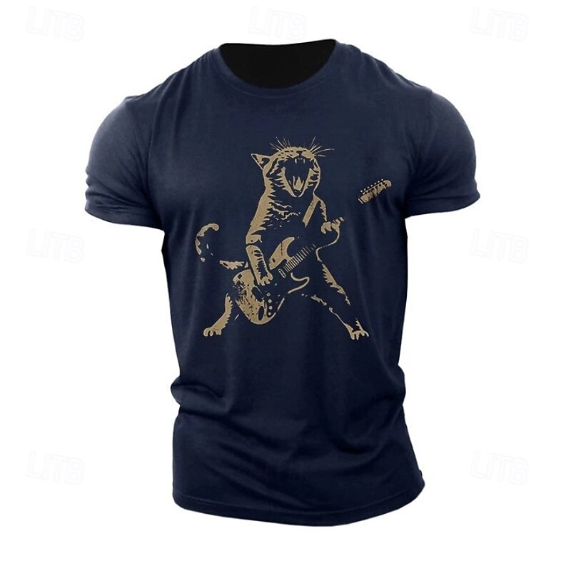 Men's Short Sleeve Graphic T-Shirt featuring a Rock and Roll Cat Playing Guitar - Ideal for Music Lovers2