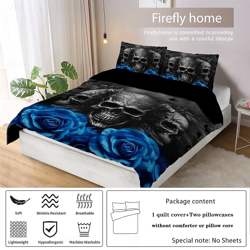 Gothic Cool Skull Floral Print 3-Piece Duvet Cover Set Bedding Set - Unique and Artistic Design - Includes Duvet Cover and Pillowcases - Soft and Durable Fabric - Perfect for Adding an Edgy Touch to Your Bedroom Decor4