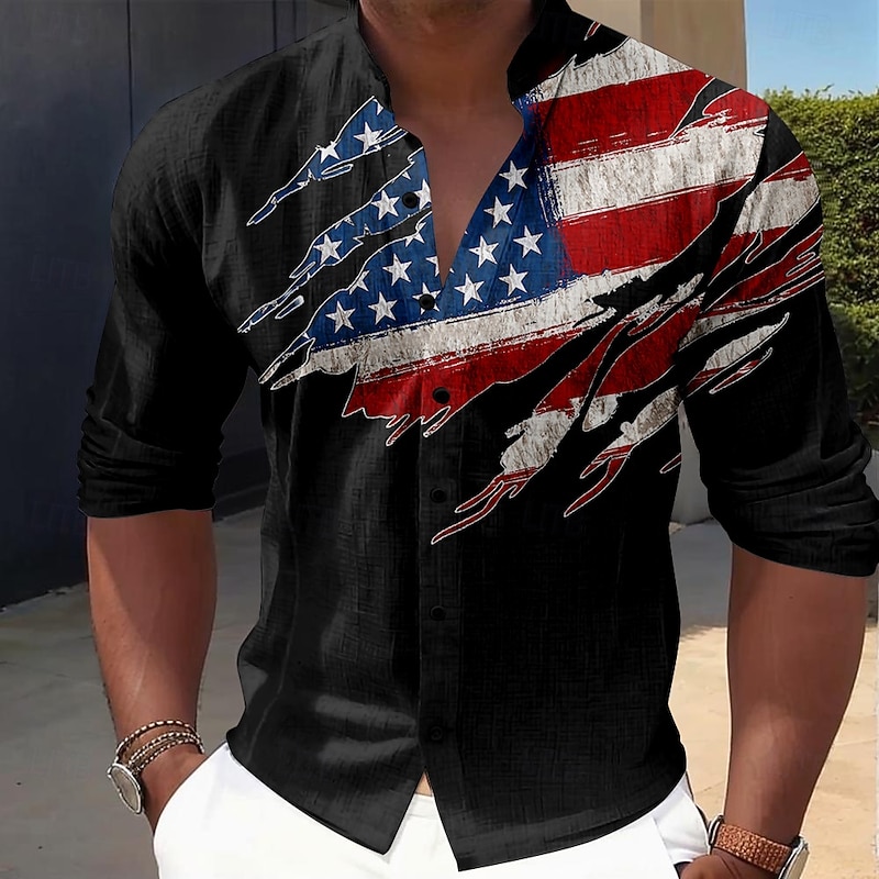 American Independence Day Men's American Flag Patriotic Button Up Shirt Long Sleeve Casual Vacation Daily Summer Spring &  Fall Grandad Collar Band Collar 3D Print Black Red Blue4