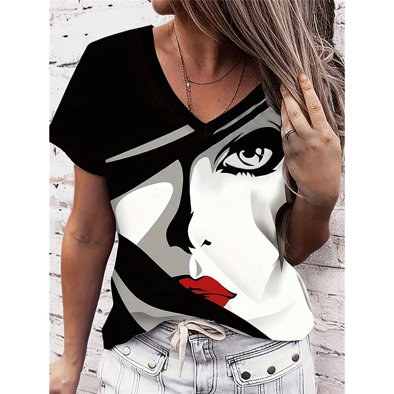 Women's T shirt Crew Neck Long Sleeve Tunic Casual Print Short Sleeve Regular Tops Daily Black Summer