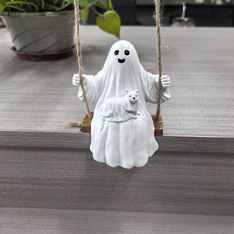 Ghost and Dog Swinging Resin Ornament 2025 Halloween Yard Decoration Spooky Swinging Ghost and Dog Statue4
