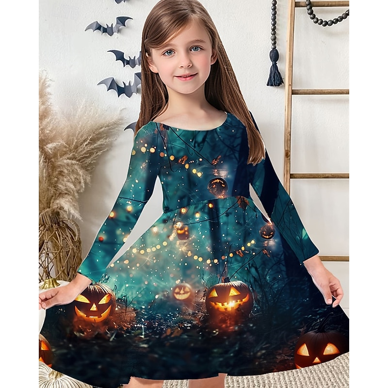 Girls' 3D Graphic Pumpkin Dress Long Sleeve Spring Fall Daily Holiday Vacation Princess Beautiful Sweet Kids 4-12 Years Casual Dress A Line Dress Knee-length Polyester Regular Fit